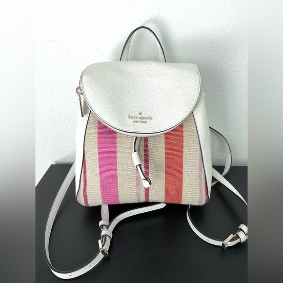 Kate Spade Leila Striped Canvas Pebble Leather Backpack - Picture 1 of 15